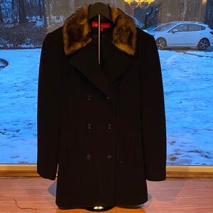 Anne Klein Wool Black Pea Coat with Faux Fur Collar